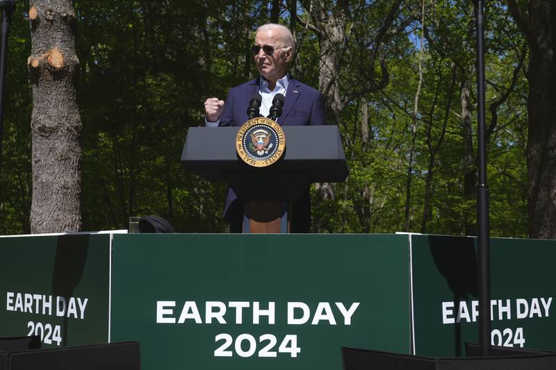 President Joe Biden speaks at Prince William Forest Park on Earth Day, Monday, April 22, 2024, in Triangle, Va. Biden is announcing $7 billion in federal grants to provide residential solar projects serving low- and middle-income communities and expanding his American Climate Corps green jobs training program. (AP Photo/Manuel Balce Ceneta)