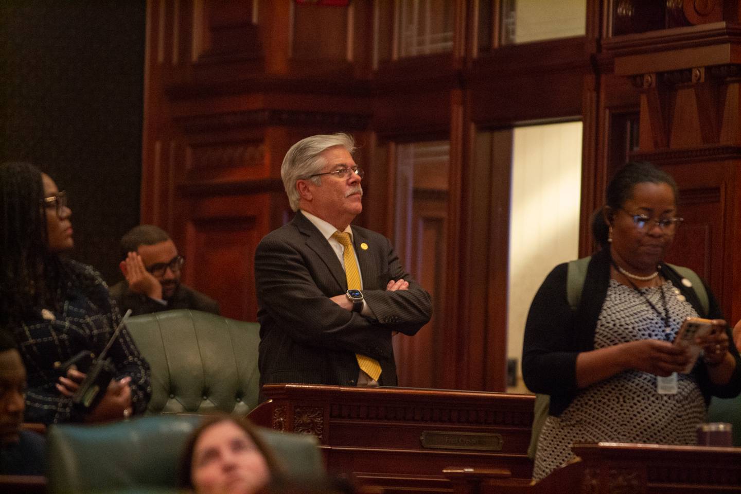 Rep. Fred Crespo, D-Hoffman Estates, watches as a revenue bill needed to enact the budget fall one vote short of passage early Wednesday morning. Ultimately, the bill would pass once recalled for a vote.