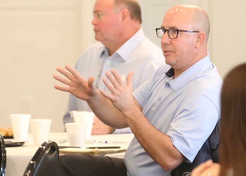 State Rep. Lance Yednock, D-Ottawa, asks questions during the OSF Community Breakfast Regional Update on Tuesday, Nov. 28, 2023, at Senica's Oak Ridge in La Salle.