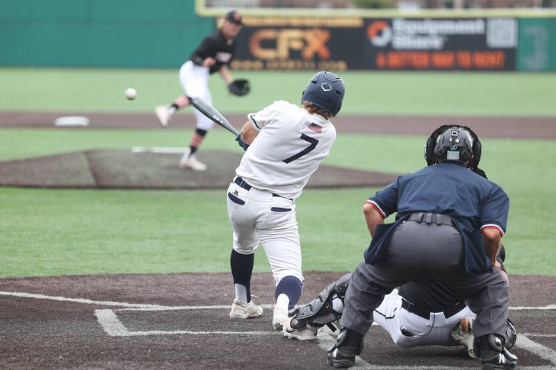 Lemont’s Nick Berardi drives in a run against Crystal Lake Central in the IHSA Class 3A Championship game on Saturday June 8, 2024 Duly Health and Care Field in Joliet.