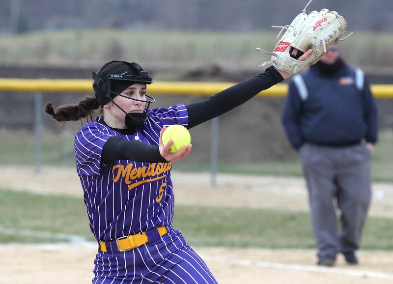 Mendota's Ava Eddy delivers a pitch during their game against Indian Creek Thursday, March 14, 2024, at Indian Creek High School in Shabbona.