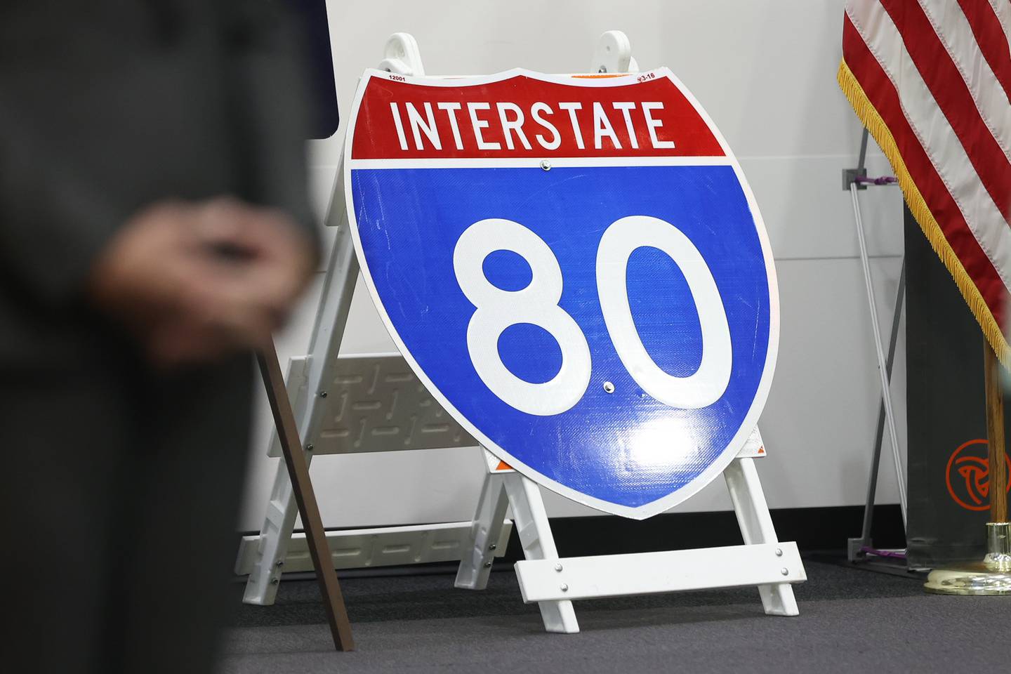 An Interstate 80 sign is displayed during a press conference at Joliet Junior College. State representatives held a press conference about the Rebuild Illinois project and more specifically the extension of Houbolt Road. Thursday, Jan. 20, 2022 in Joliet.