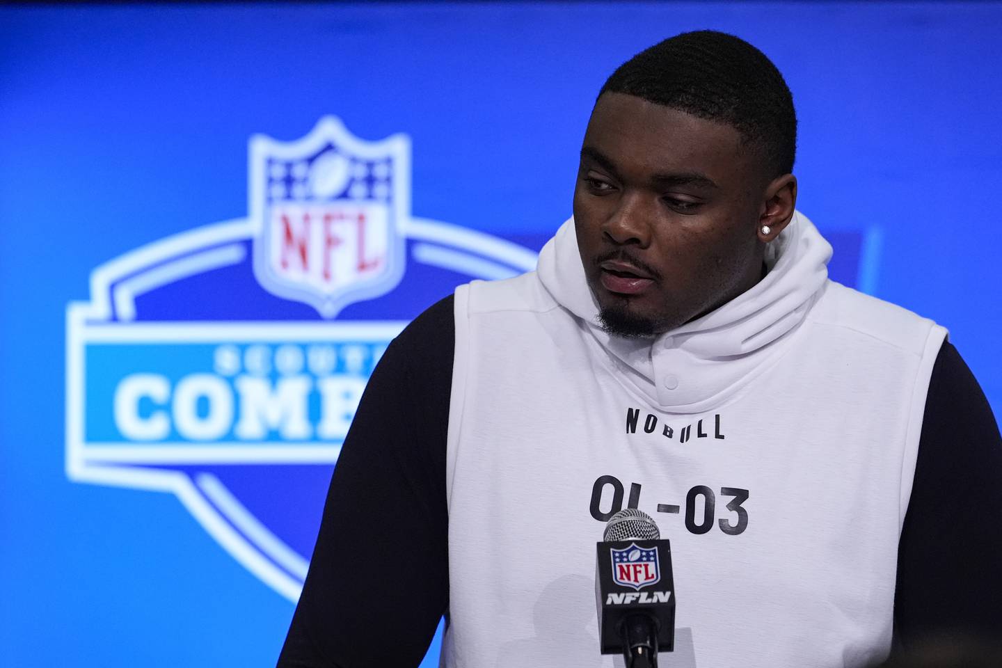 Yale offensive lineman Kiran Amegadjie speaks during a press conference at the NFL football scouting combine in Indianapolis, Saturday, March 2, 2024. (AP Photo/Michael Conroy)