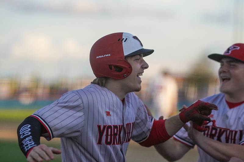 Yorkville's Joseph Onasch (7) reacts after hitting a two run homer against Oswego during a baseball game at Oswego High School on Monday, April 29, 2024.