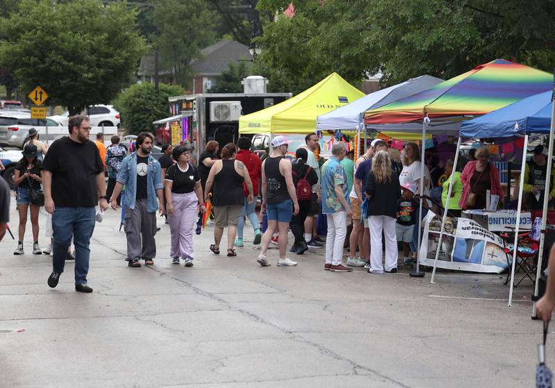 People visit some of the booths in front of the Egyptian Theatre in DeKalb Thursday, June 20, 2024, during DeKalb Pride Fest.