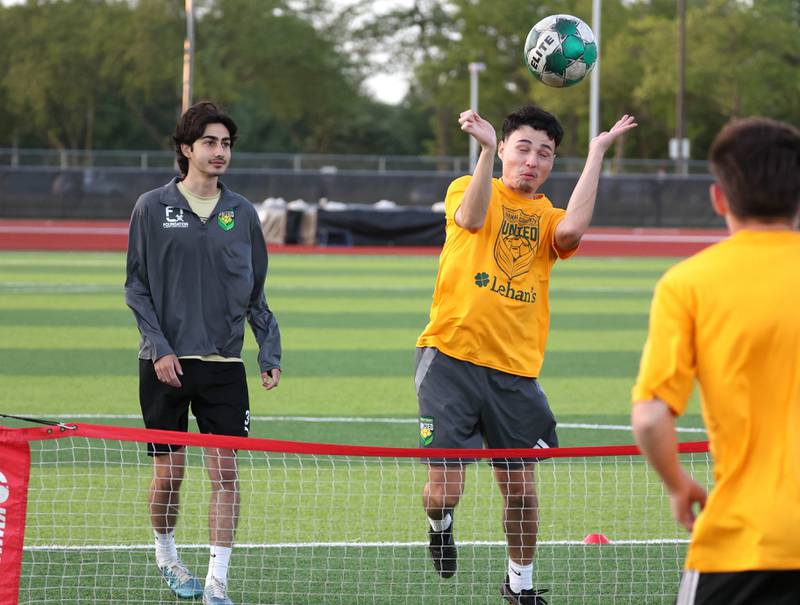 DeKalb County United players play soccer tennis during practice Thursday, June 6, 2024, at the Northern Illinois University Soccer and Track and Field Complex in DeKalb.