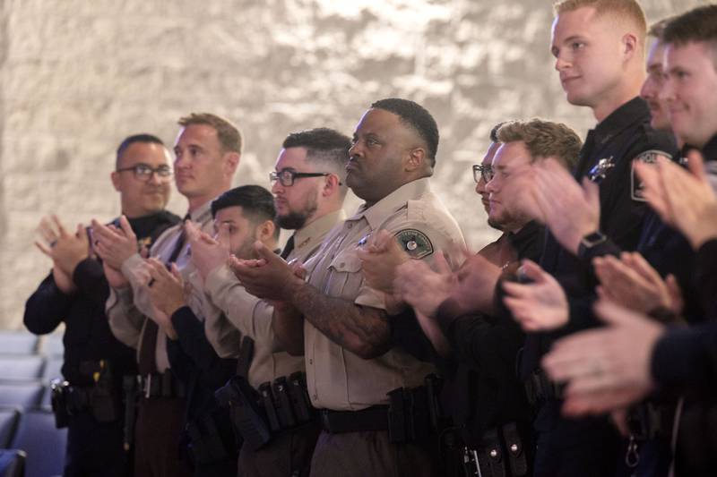 Graduates applaud the support of their families during the SVCC police academy ceremony Friday, April 14, 2023.