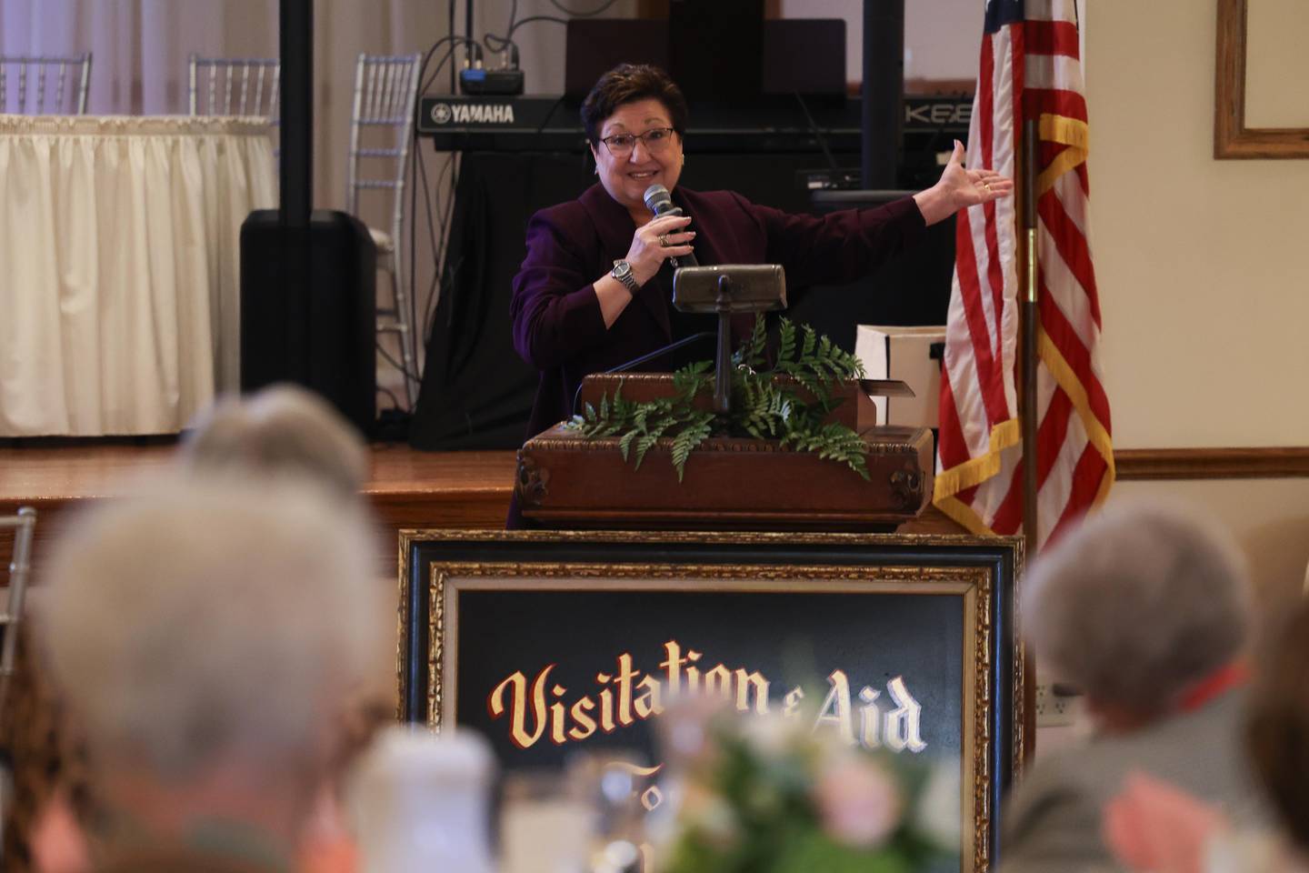 Karen Isberg Sorbero speaks at the Visitation and Aid Society of Joliet 135th birthday luncheon on Saturday, Sept. 7, 2024 in Joliet.