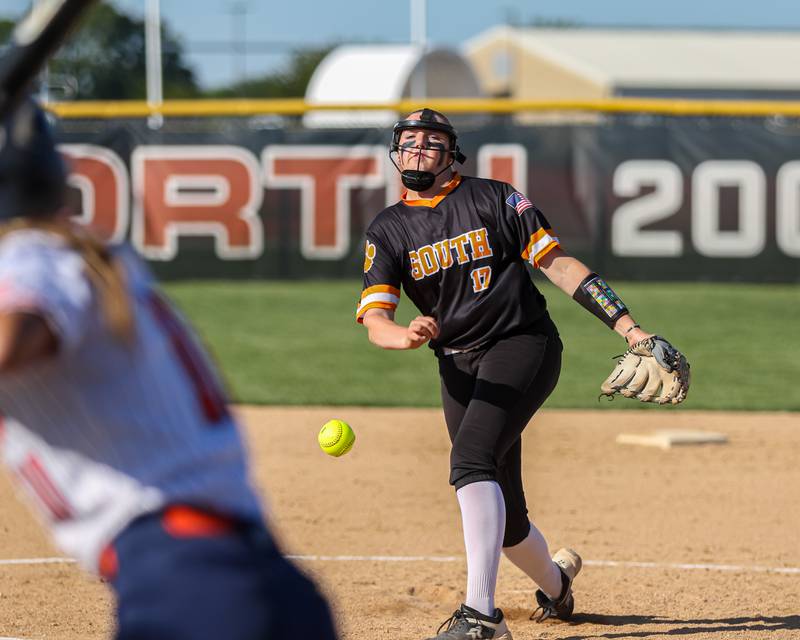 Wheaton-Warrenville South's Maddie Pool (17) delivers a pitch during Class 4A Plainfield North Sectional semifinal softball game between Wheaton-Warrenville South at Oswego. May 29th, 2024.