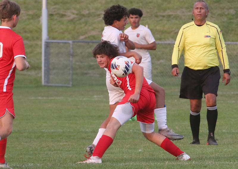 Ottawa's Mason Jaegle and L-P's Adan Pantoja battle for the ball during the game on Thursday, Sept. 5, 2024 at King Field.