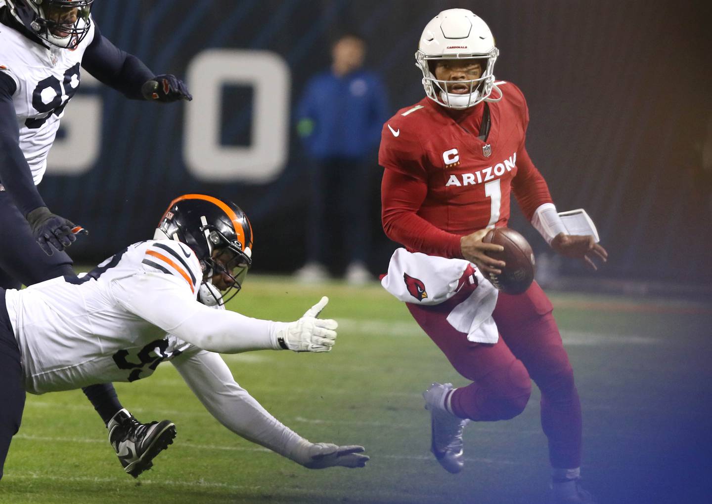 Chicago Bears defensive tackle Gervon Dexter dives for Arizona Cardinals quarterback Kyler Murray in the fourth quarter of their game Sunday, Dec. 24, 2023, at Soldier Field in Chicago.