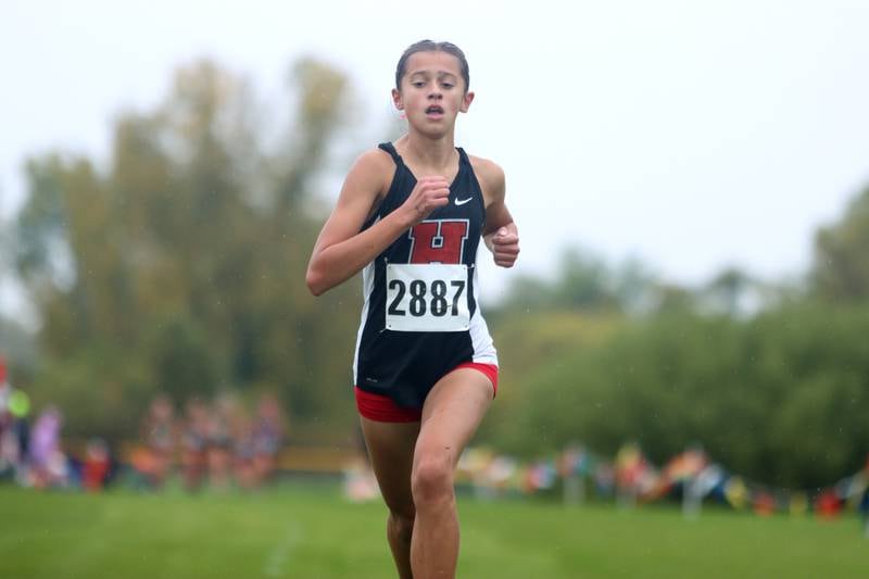 Haley Rahman of Huntley places third at the Fox Valley Conference Girls Cross Country Meet at Plato Park in Elgin Saturday.