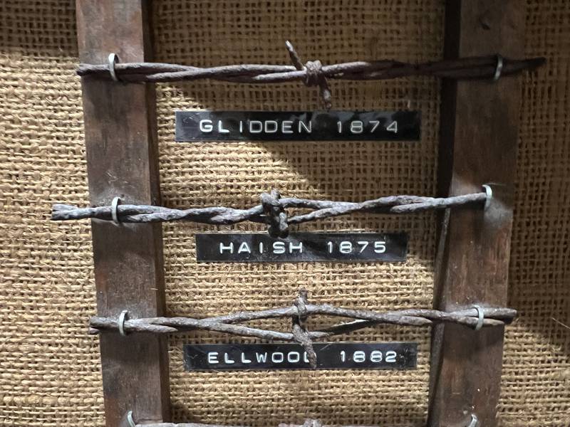 Barbed wire prototypes made by DeKalb County farmers and inventors Joseph Glidden, Isaac Ellwood and Jacob Haish are seen on display at the DeKalb County History Center on June 30, 2023.