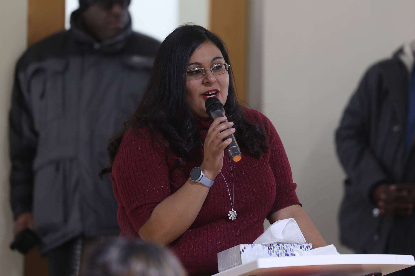 Joliet Township Trustee Tanya Arias speaks at the ribbon cutting ceremony for the Ozzie & Peggy Mitchell Center, formerly the Peter Claver Center, Joliet Township's new violence prevention program on Wednesday, Jan. 17th, 2024 in Joliet.