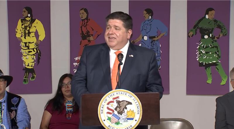 Gov. JB Pritzker speaks at a bill signing ceremony in Chicago Friday, Aug 4, 2023, before signing three measures extending cultural protections to Native Americans in Illinois and requiring the teaching of Native American history in public schools.