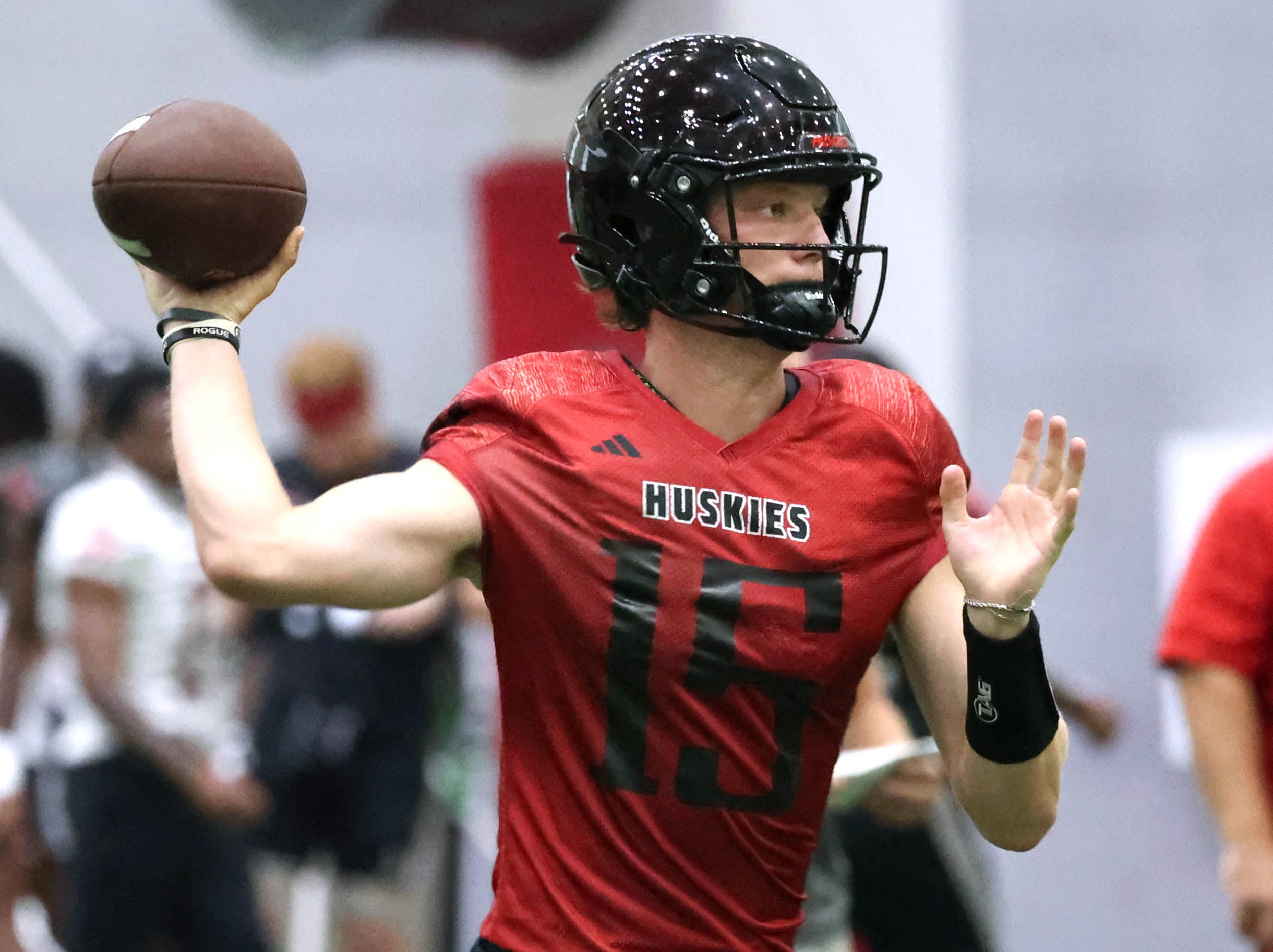 Northern Illinois University quarterback Josh Holst throws a pass Wednesday, July 31, 2024, during practice in the Chessick Practice Center at NIU.