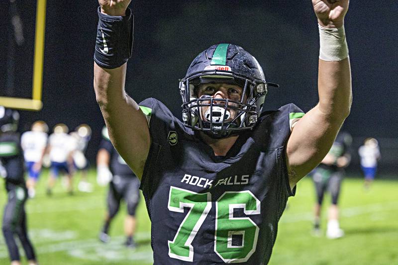 Rock Falls’ Xzavier Geiger celebrates with the homecoming crowd as the Rockets take the lead against Rockford Christian Friday, Sept. 22, 2023 in Rock Falls.