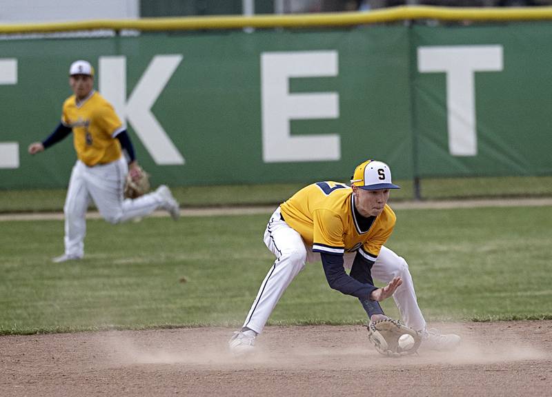 Sterling’s Bryce Hartman scoops a ball at second base for and out against Rock Falls Friday, March 29, 2024 at Rock Falls High School.