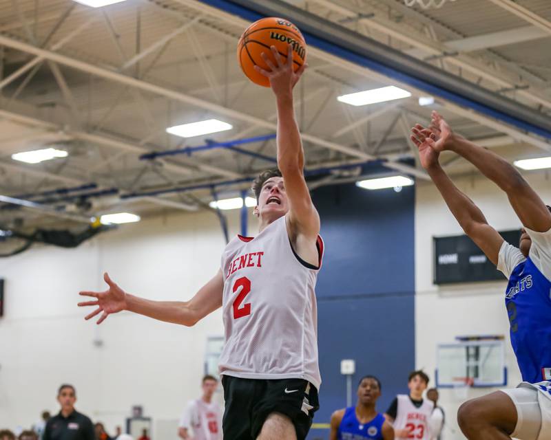 Benet's Mac Doyle (2) puts up a layup attempt off of a steal at the Riverside-Brookfield Summer Shootout basketball tournament. June 22, 2024.