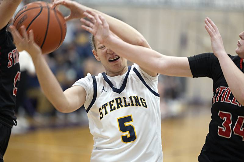 Sterling’s Kirra Gibson works below the basket against Stillman Valley Thursday, Dec. 28, 2023 at the Dixon KSB Holiday tournament.