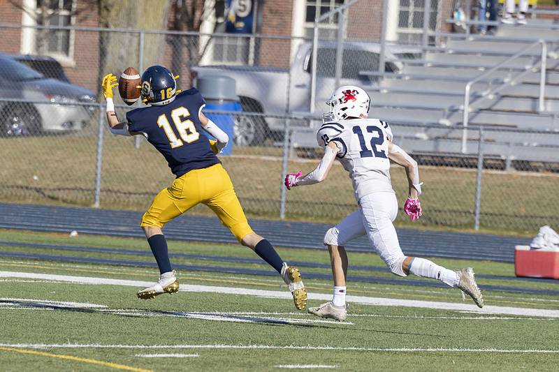 Sterling’s Dylan Ottens makes a remarkable catch that had to be called back on a penalty in their first round playoff game Saturday, Oct. 29, 2022 against St. Viator.