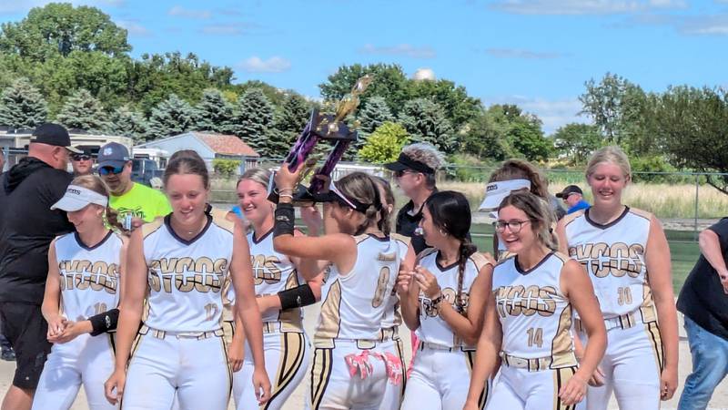 The Sycamore Sycos 16U team celebrates its 6-1 win against Thunder Premier on Sunday, June 30, 2024 in the title game of the Storm Dayz 16U bracket at the Sycamore Park District complex.