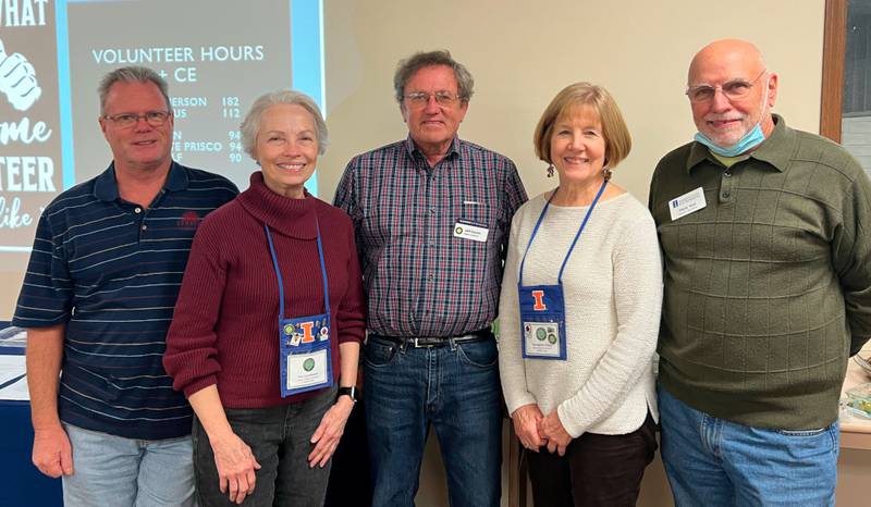 Pat Gunnerson of Yorkville earned the Kendall County Master Gardener award for most volunteer time in 2023 with 182 hours. Pictured are the top five volunteers by hours, from left, Alan Vitous, Gunnerson, and Jeff Farren, all of Yorkville, Georgette Prisco of Aurora and Steve Wolf of Sandwich.