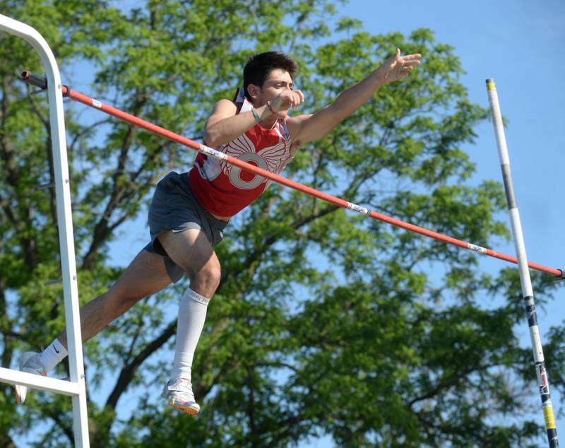 Oregon's Leo Cardenas clears 3.85 meters (12' 7.5"" to finish first in the pole vault at the 1A Winnebago Sectional on Friday, May 17, 2024 in Winnebago. He will compete in the event at the state finals at Eastern Illinois University in Charleston.