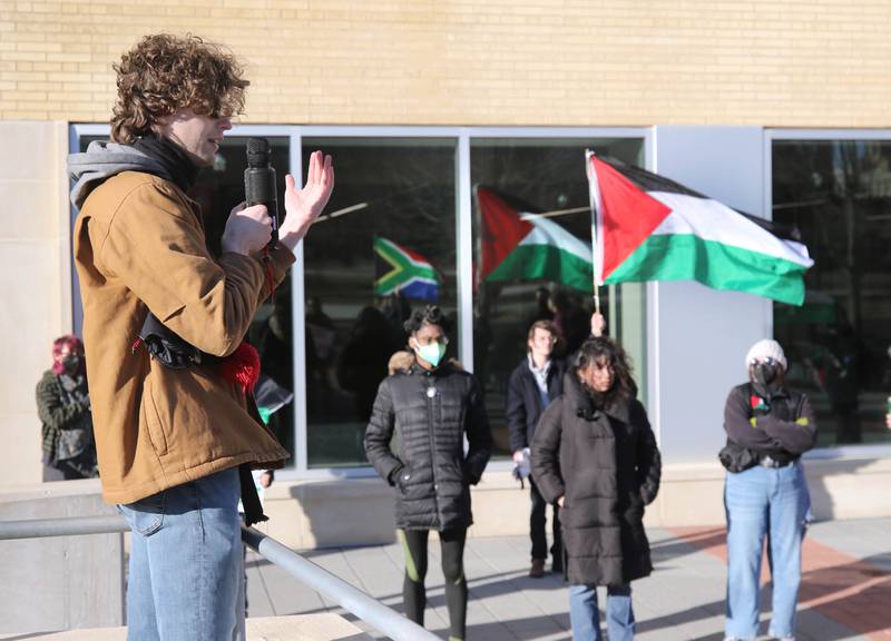Nicholas McKay, 24, a junior at Northern Illinois University, leads a protest against the Israel–Hamas war Thursday, Feb. 29, 2024, outside the Holmes Student Center at Northern Illinois University in DeKalb.