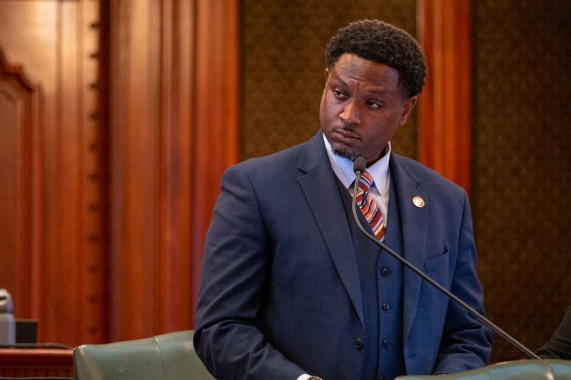 Rep. Maurice West, D-Rockford, debates a broad election bill. West is the chair of the House Ethics and Elections Committee.