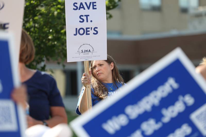 State Senator Rachel Ventura, a Joliet resident, support the St. Joseph nurses during a picket outside St. Joseph Hospital as contract negotiations continue on Thursday, July 20th, 2023 in Joliet.