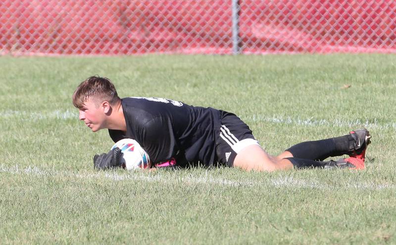 Streator keeper Andrew Vogel stops the ball during the game against Mendota on Saturday, Aug. 31, 2024 at James Street Recreation Area in Streator.