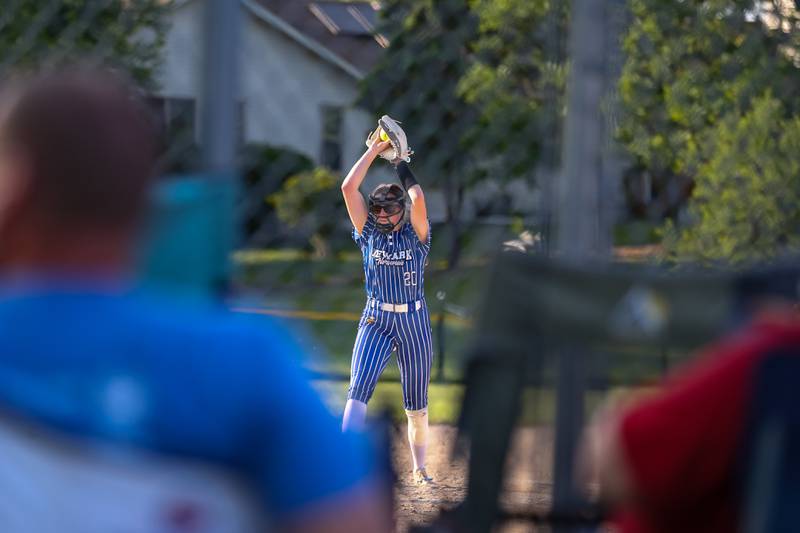 The crowd looks on as Newark's Kodi Rizzo (20) winds up to deliver a pitch during Class 1A Newark Regional final game between St. Edwards at Newark. May 17th, 2024.