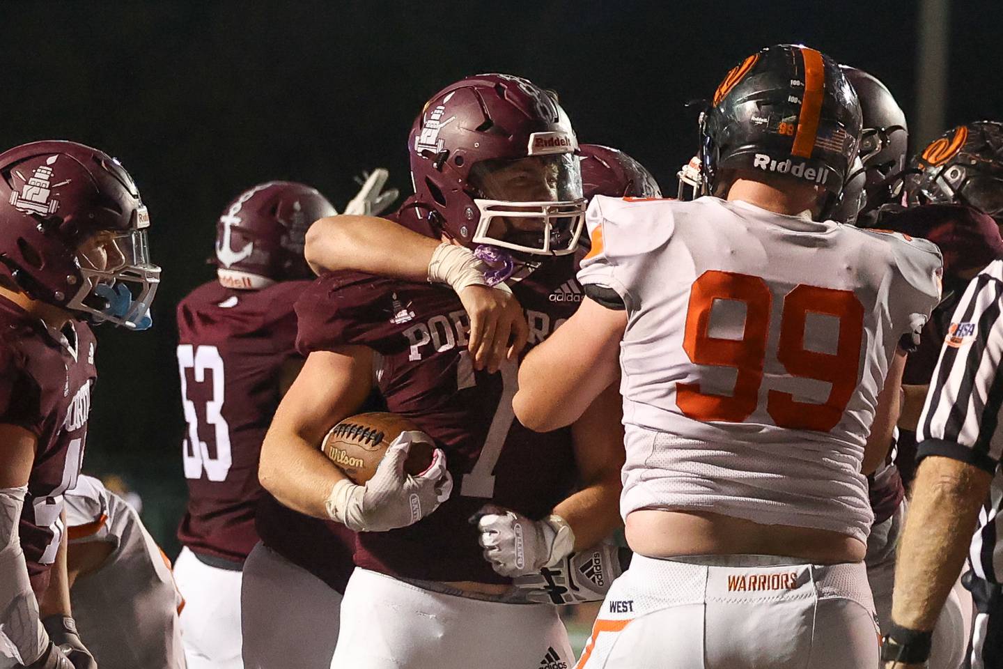 Lockport’s Tyler Pospisil celebrates a touchdown in overtime against Lincoln-Way West on Friday, Oct. 18, 2024 in Lockport.