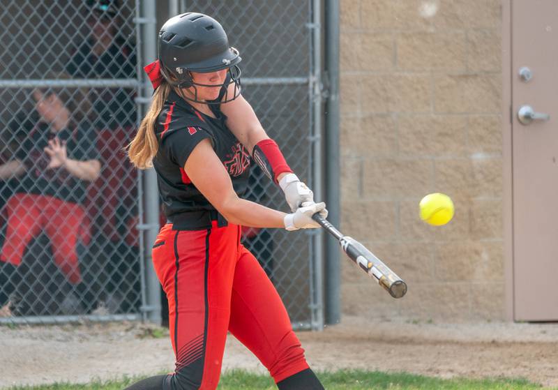 Yorkville's Katlyn Schraeder (12) drives in a run on a sac-fly against West Aurora during the Class 4A Yorkville Sectional semifinal at Yorkville High School on Tuesday, May 31, 2022.