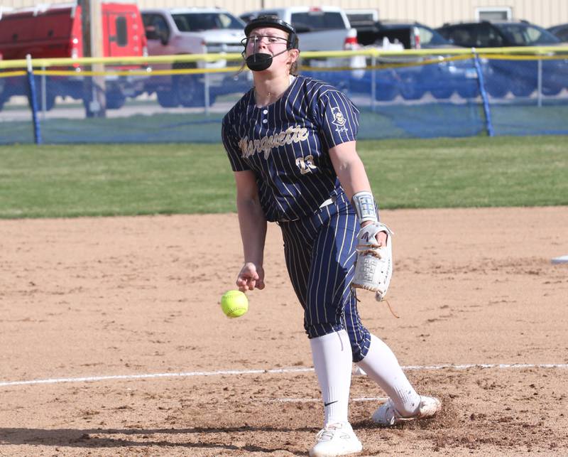 Marquette pitcher Taylor Cuchra lets go of a pitch to Woodland/Flanagan-Cornell on Wednesday, March 27, 2024 in Ottawa.
