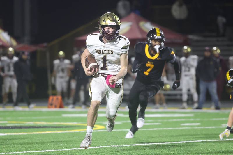 St. Ignatius’ Jack Wanzung finds open field on a touchdown run against Joliet West in the first round of playoffs on Friday, Oct. 27, 2023 in Joliet.