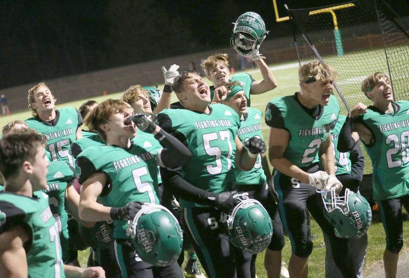 Members of the Seneca football team react after defeating Marquette 21-6 on Friday, Oct. 18, 2024 at Seneca High School.