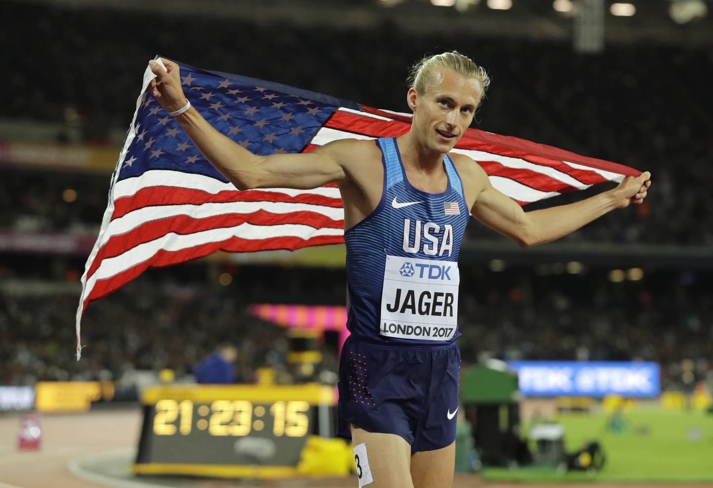 Evan Jager celebrates his third place in the the men's 3,000-meter steeplechase final in August 2017 at the World Athletics Championships in London.