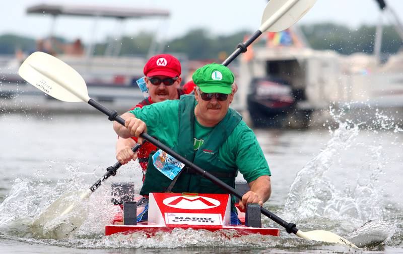 The team from Mario Circuit cruises toward the finish during the Cardboard Regatta on Crystal Lake Saturday.