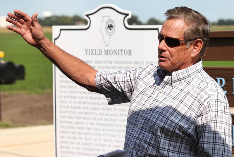 Dave Larson, one of the creators of the yield monitor, speaks Tuesday, Sept. 10, 2024, during the dedication, hosted by the DeKalb Area Agricultural Heritage Association, for the new historical marker at the Faivre farm in DeKalb. The marker celebrates the creation yield monitor, an important innovation in farming.