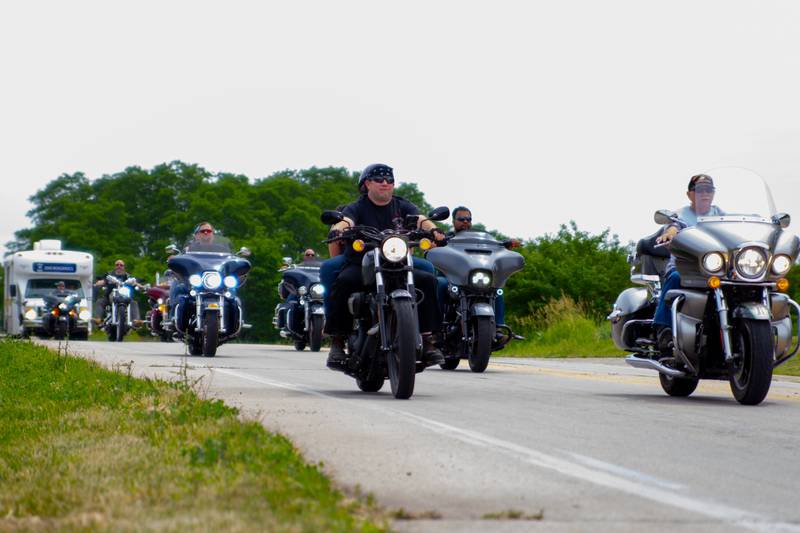 Bikers ride in the Illinois Motorcycle Freedom Run on Saturday, June 15, 2024, on Jerry Hicks Road in Marseilles.