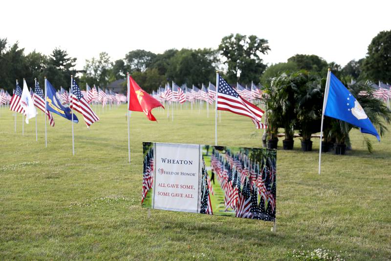 Over 2,000 flags wave in the wind during opening night of the Field of Honor at Seven Gables Park in Wheaton on Saturday, June 29, 2024.