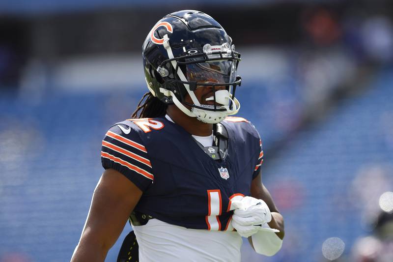 Chicago Bears wide receiver Velus Jones Jr. (12) warms up before a preseason NFL football game against the Buffalo Bills in Orchard Park, N.Y., Saturday, Aug. 10, 2024. (AP Photo/Adrian Kraus)