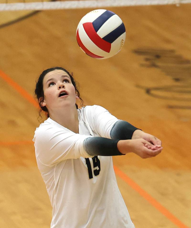 Sycamore's Eleanor Klacik bumps the ball during their match against DeKalb Wednesday, Aug. 28, 2024, at DeKalb High School.