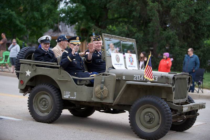 American Legion and VFW members in a old army jeep at the St. Charles Memorial Day Parade on Monday, May 27,2024 in St. Charles.