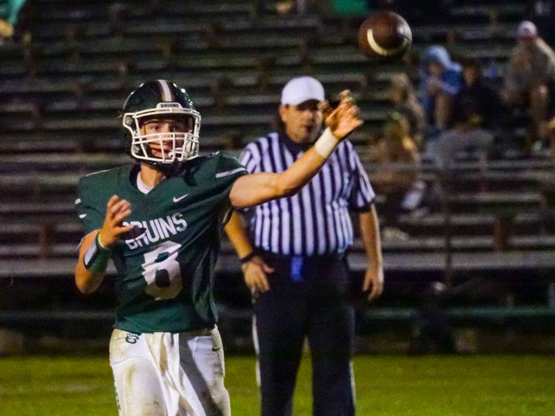 Gino Ferrari of St. Bede throws ball to receiver on Friday, September 6, 2024 at St. Bede in Peru.