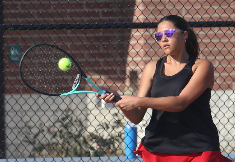 Ottawa's Brooklyn Byone serves the ball to L-P on Tuesday, Sept. 17, 2024 at the L-P Athletic Complex in La Salle.