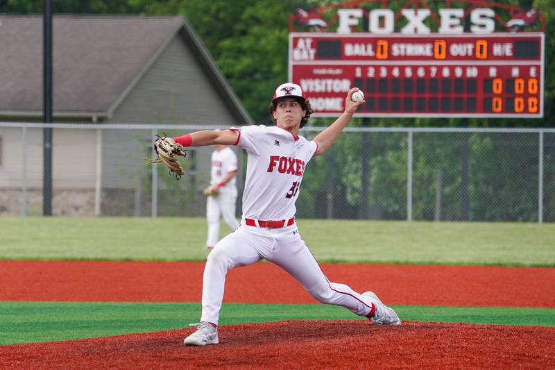 Yorkville's  Gabe Sanders (33) delivers a pitch against Plainfield North during a baseball game at Yorkville High School in Yorkville on Thursday, May 16, 2024.