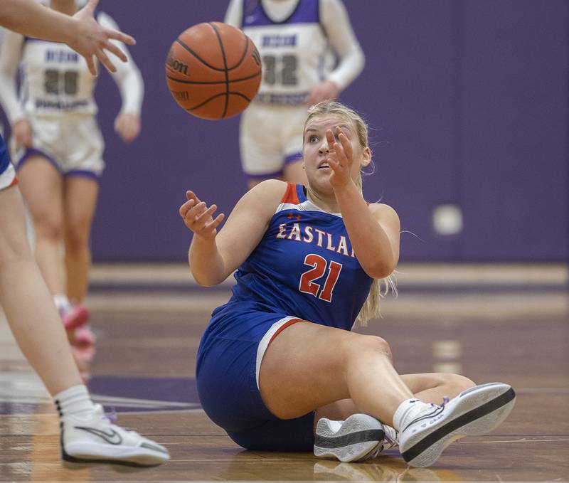 Eastland’s Olivia Klinefelter makes a pass against Dixon Wednesday, Jan. 24, 2024 at Dixon High School.